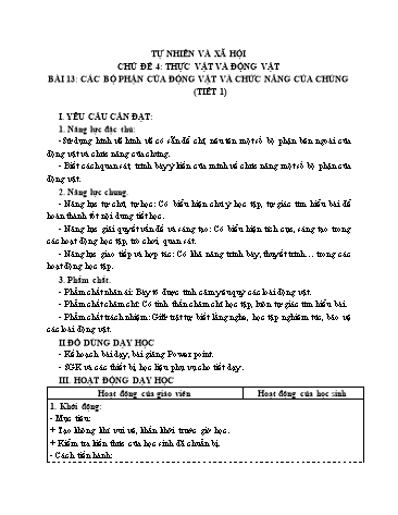 Giáo án Tự Nhiên Xã Hội 3 (Cánh Diều) - Bài 13: Các bộ phận của động vật và chức năng của chúng (Tiết 1)