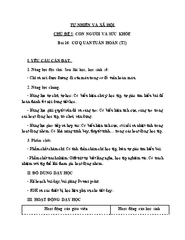 Giáo án Tự Nhiên Xã Hội 3 (Cánh Diều) - Bài 16: Cơ quan tuần hoàn (Tiết 2)