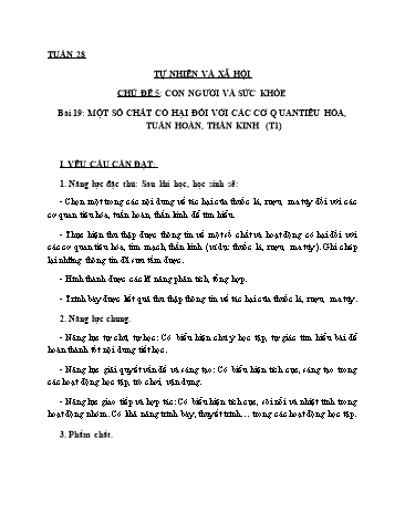 Giáo án Tự Nhiên Xã Hội 3 (Cánh Diều) - Bài 19: Một số chất có hại đối với các cơ quan tiêu hóa, tuần hoàn, thần kinh (Tiết 1)