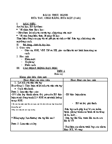 Giáo án Tự Nhiên Xã Hội Lớp 1 (Cánh Diều) - Bài 18: Thực hành Rửa tay, chải răng, rửa mặt