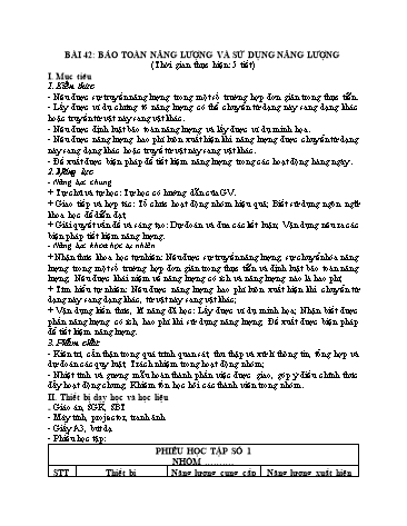 Giáo án Vật Lí 6 (Chân trời sáng tạo) - Bài 42: Bảo toàn năng lượng và sử dụng năng lượng