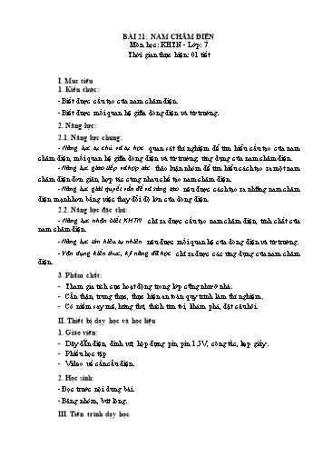 Giáo án Vật Lí 7 (Chân trời sáng tạo) - Bài 21: Nam châm điện